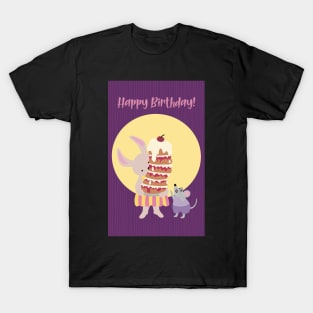 Happy Birthday card, greeting card, with a rabbit holding a high cake that almost will fall T-Shirt